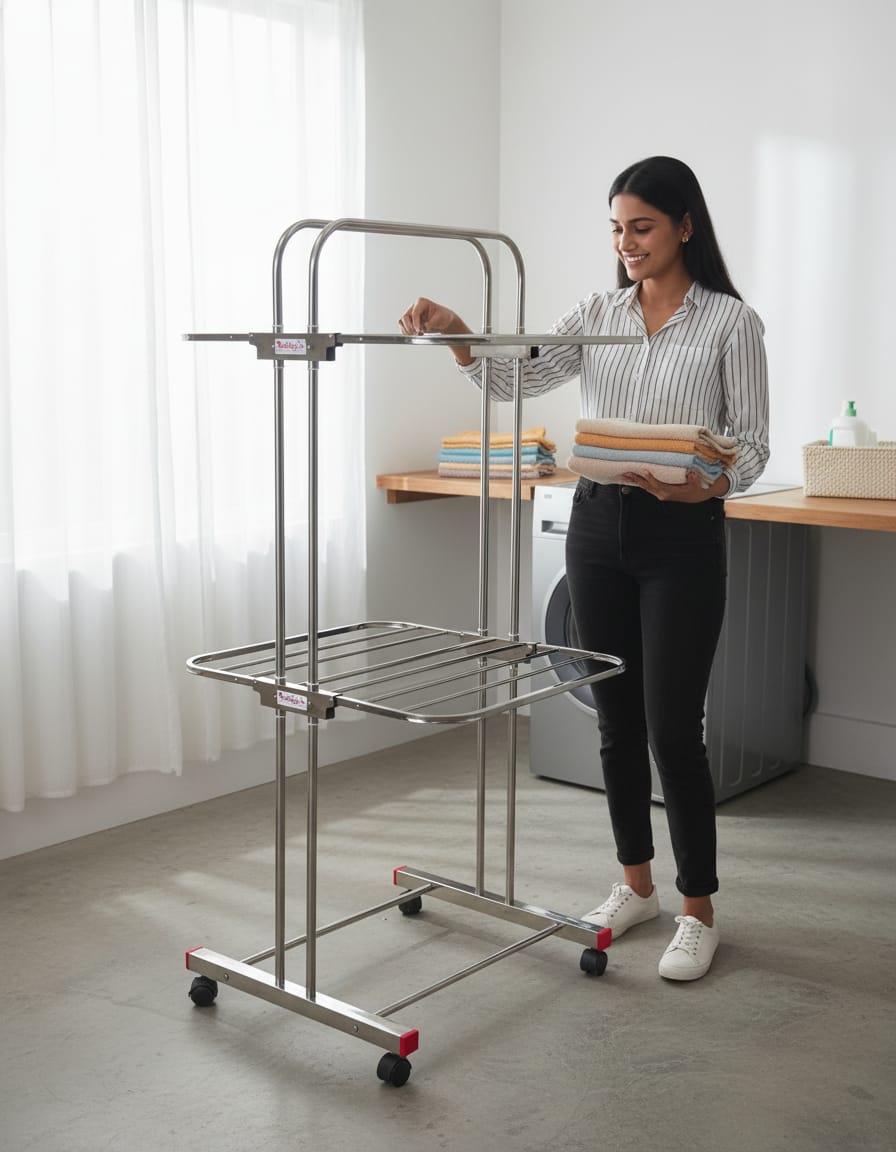 FAST TIME 2 Tier Fully Steel Cloth Dryer Stand Heavy Duty Foldable Laundry Drying Rack | Rust Proof Steel | Space Saving Design