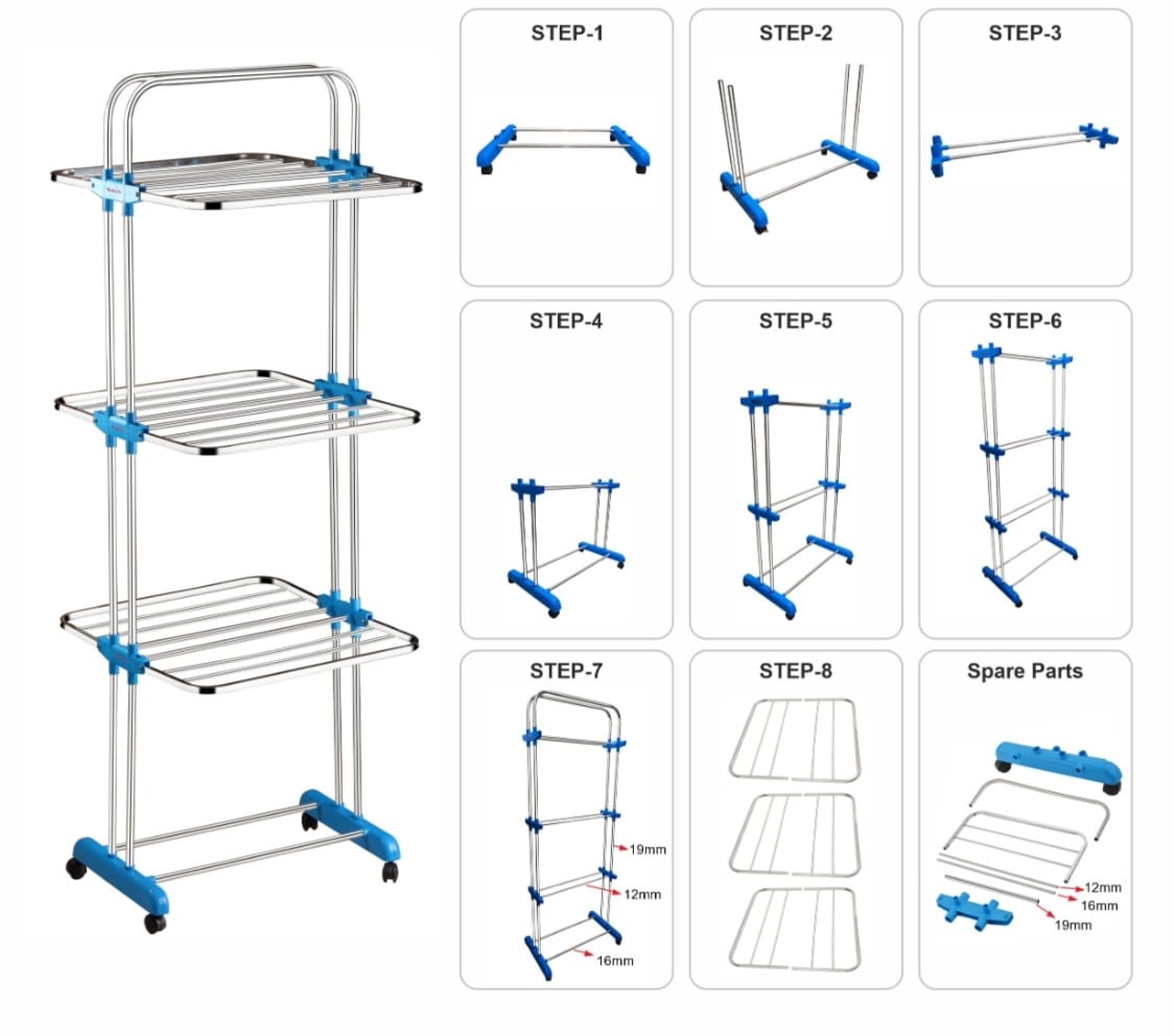 Rubby Premium Cloth Dryer Stand with Wheels | Anti Rust Stainless Steel Material | Space Saving 6 Folding Wings with Clothes Hanger Hook | 3 Layer Cloth Stand for Drying Clothes Foldable | Blue