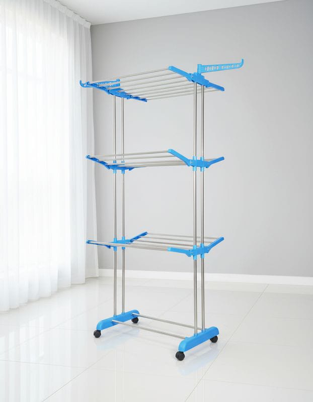Rbyy Basics Mild Steel Double Supported 3 Layer Cloth Drying Rack | Foldable and Movable | Steel, Plastic |