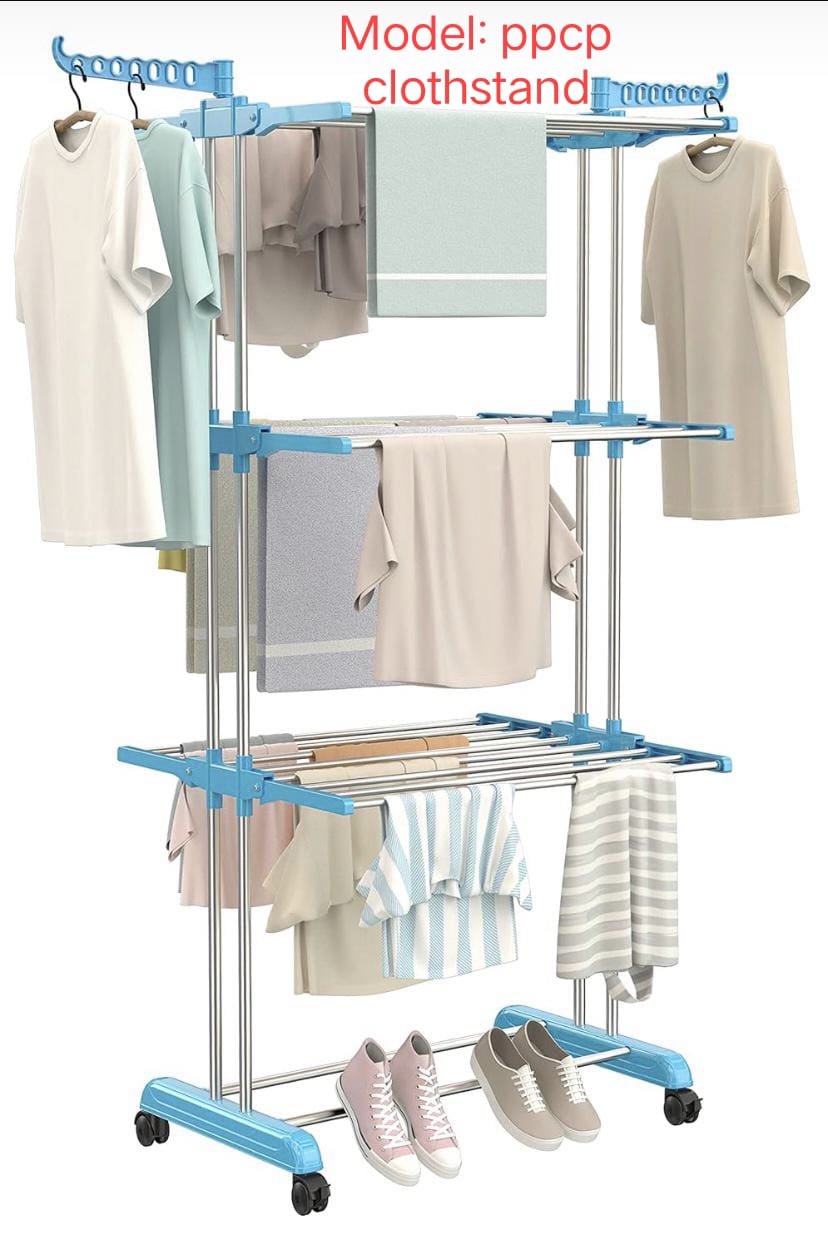 Rbyy Basics Mild Steel Double Supported 3 Layer Cloth Drying Rack | Foldable and Movable | Steel, Plastic |