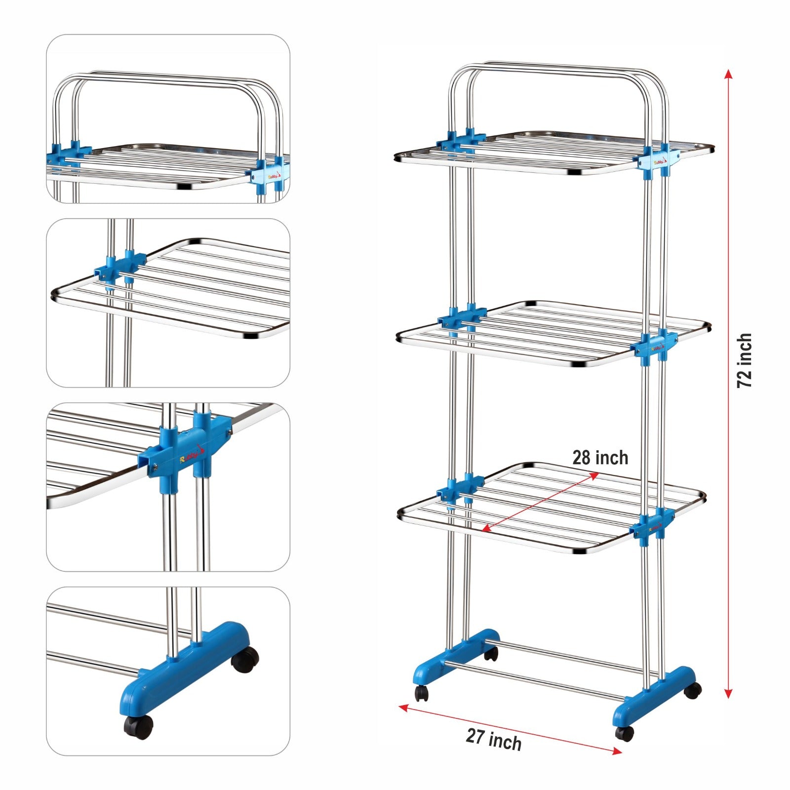 Rubby Premium Cloth Dryer Stand with Wheels | Anti Rust Stainless Steel Material | Space Saving 6 Folding Wings with Clothes Hanger Hook | 3 Layer Cloth Stand for Drying Clothes Foldable | Blue