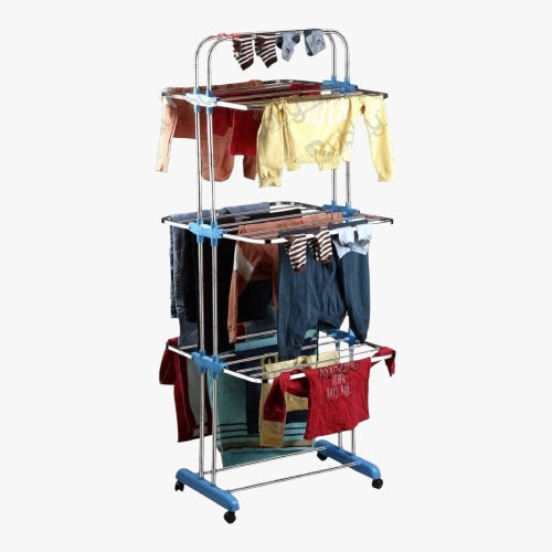 Rubby Premium Cloth Dryer Stand with Wheels | Anti Rust Stainless Steel Material | Space Saving 6 Folding Wings with Clothes Hanger Hook | 3 Layer Cloth Stand for Drying Clothes Foldable | Blue